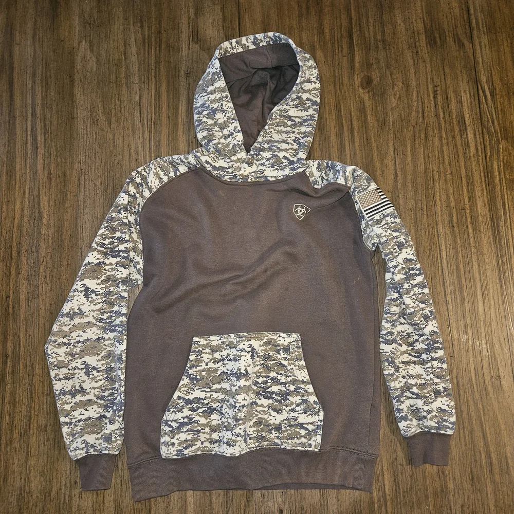 Ariat Patriot Digital Camo Hoodie Sweatshirt Boys Sz Large Brown Black Military